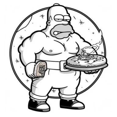 Illustration hand draw style of cartoon Homer Simpson, Eating a donut and holding a katana, black and white , clipart collection, vector line, white background