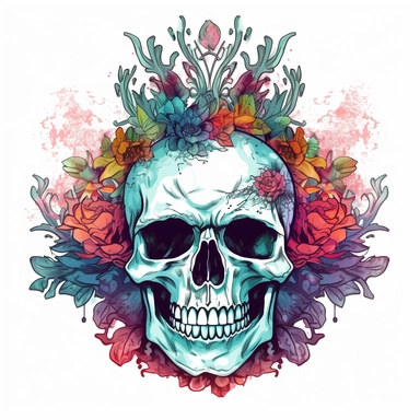 psycadelic rebirth Skull with floral crown illustration clipart on white background