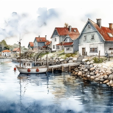 watercolor, hyper realistic, white background, white margins, 16k, ultra detailed clipart, cut out image, hand-drawn a swedish fishing village.