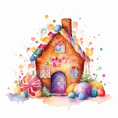 Watercolor, clipart, Gingerbread House with colorful icing and candy decorations, on white background, space out ar 3:2