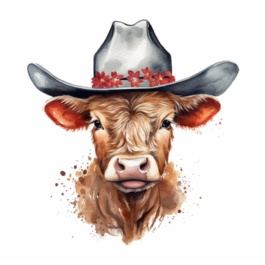 A watercolor Baby Highland Cow with a cowboy hat on its head, Watercolor, Clipart, sweet, cute, transparent background PNG