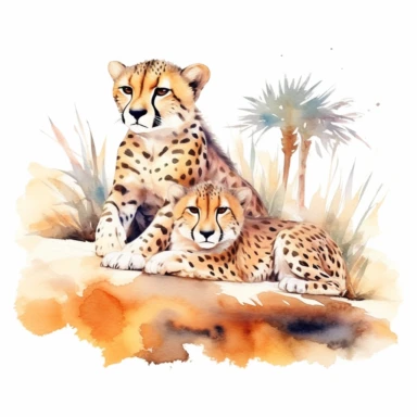 pair of cute cheetahs, lounging lazily in the shade, vibrant watercolor, clipart, on a white background