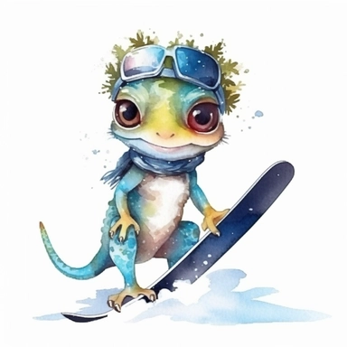 Cute Gecko BABY, BEAUTIFUL big SHINING EYES ,HAPPY, dressed like skier on skiis, Watercolor Little Animals Clipart, COLORFUL