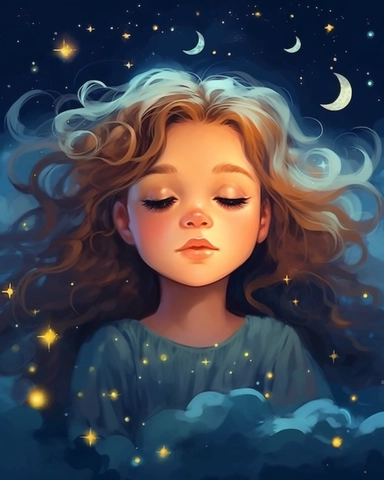 a portrait of a cute little girl with a luminous dress, eyes shut, mouth closed, long hair, wind, sky, clouds, the moon, moonlight, stars, universe, fireflies, butterflies, watercolor clipart,