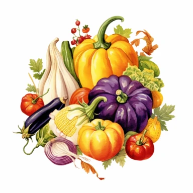 watercolor, hyper realistic, white background, white margins, 16k, ultra detailed clipart, cut out image, hand-drawn a pumpkin surrounded by autumn vegetables, like colorful bell peppers, onions, and eggplants, highlighting the diversity of the harvest season in the style of pencilsteampunk, delicate watercolor, creative commons attribution, miniaturecore, grocery art, white and amber, website