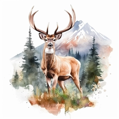watercolor style, buck deer with the mountain forest in the back clipart, isolated on white background, hd