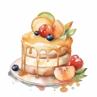 cute watercolor newborn soft beige cake with fruits, watercolor effect, isolated white background, babyshower clipart, soft beige tones