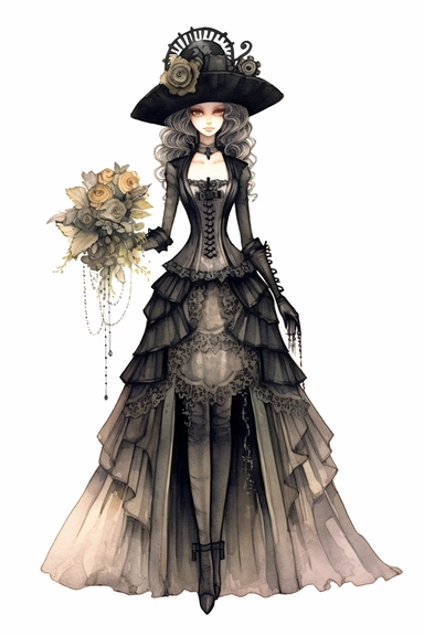 watercolor mixed media goth steampunk bride girl entire body and bridesmaids in goth steampunk wedding decor illustration clipart by holly hobbie