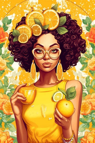 clipart, cartoon illustration, christa mckenzie pose and head pose photos a new lemonade business website, in the style of vibrant lemon and floral backdrops, synthetism-inspired, pop cultural, 32k uhd, smilecore, embroidery art, bold curves