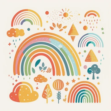 simple vector drawing of a rainbow, clipart, basic shapes, solid colors, joyful, doodle, sticker design, lineart, 2d flat file, silhouette, svg cut file