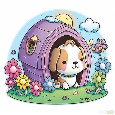 clipart with white background of a doghouse in the style of mystical fantasy, magical, kawaii style