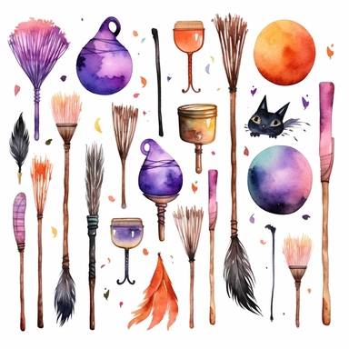 beautiful loose watercolor, halloween clipart, a witch's broom , clipart set, simple, halloween colors , cartoon elements, different variants , candy , black cat ,separate elements with a margin, on white backgound