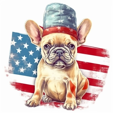 sticker, background american flag, yellow french bulldog, full body, in style Independence Day in usa, hat with an american flag, clipart
