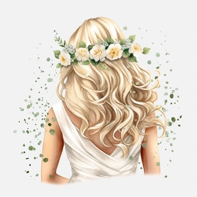 watercolour beautiful blonde wig no person or body just hair wig realistic elegant wedding hairstyle with white glitter wedding flowers in hair back facing ,build a family style clip art illustrated clip art graphics , PNG image,transparent background ,ultra highly detailed, 18k, sharp focus, bright photo with vibrant colours, digitally enhanced,photographic, enhanced graphics, png format, straight, sharp focus, bright lighting, intricate detailed png image ,high definition,300dpi,graphic clipar