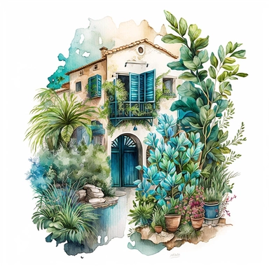beautiful watercolor clipart of a view of a Mediterranean house in a village with plants near the Mediterannean sea, warm summer blue, aqua and white hues, compositions on an isolated white background. Bright landscapes illustrations, highly detailed