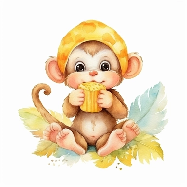 cute baby monkey eat banana cartoon watercolor clipart