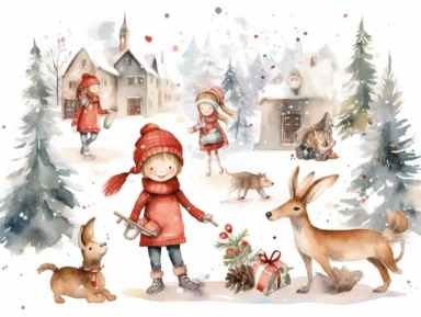 christmas watercolor clipart kids playing in snow, in the style of kitsch aesthetic, murals and wall drawings, dark white and dark beige, depictions of animals, domestic interiors, cut and paste, cottagepunk