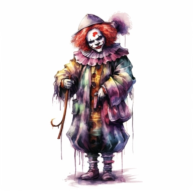 mystical dark scary watecolor halloween clown clipart, full body, hd 4k, detailed, focused, isolated on white background