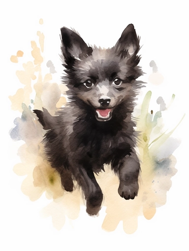 cute happy black wolf cub running, pastel watercolor, clipart, solid background