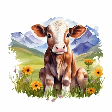 realistic watercolor baby cow sitting on the green grass with flowers with a nice mountain hill background on solid white background, clipart