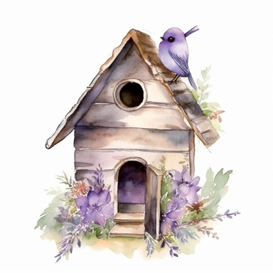 Clipart, lavenderaround wooden bird house, watercolor, whimsical, enchanting, nostalgic, minimalistic