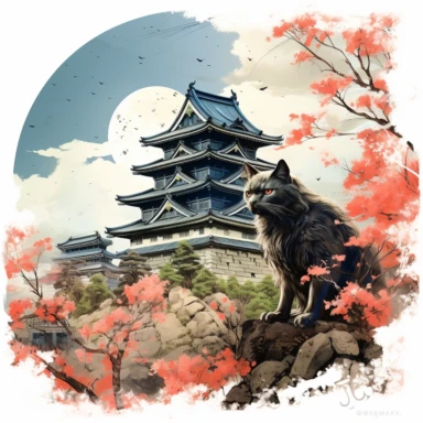 cherry blossoms laden on Osaka Castle Bottom, Siamese Cat wearing a Japanese kimono, sunrise, Clipart Watercolor