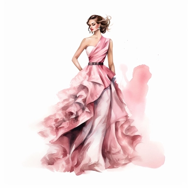 Watercolor full body girl wearing pink elegant party dress drawing, illustration clipart, high detailed, white background, digital art