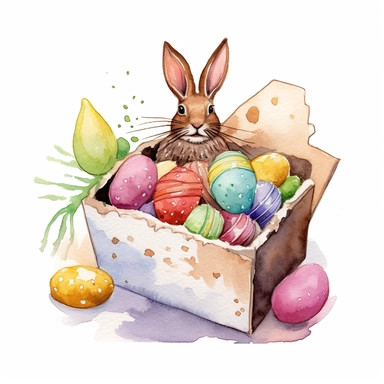 whimsical watercolour cute clip art against a white background Easter themed box of chocolates