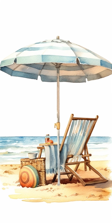 A watercolor painting clipart of a beach scene, beach umbrella with a picnic basket, with soft pastel blue colors bringing out the beauty of the sun, sand, and sea painted with a simple and elegant watercolor style on a white background