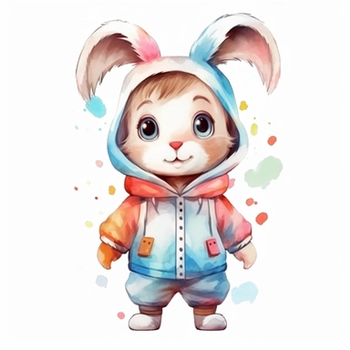cute kid wearing Rabbit costumes and with happy face,front facing on isolated background,with happy face and expression,Animal Sublimation Clipart,no splash watercolor,white background, ultra detailed clipart, cut out image, colorful watercolor realistic, cartoon style, ultra HD, sharp and clean art