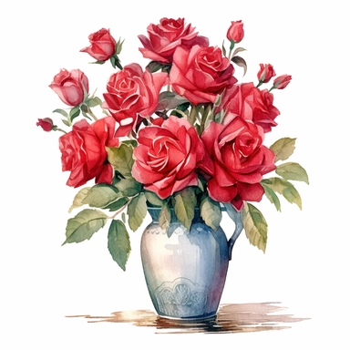 Bouquet of beautiful large red roses in transparent vase, standing in front of the the french door open to the french south of france garden, clipart, watercolor Illustration, Sublimation graphics, by Beatrix Potter, single design, print on demand image, PNG transparent background, white background, 8k