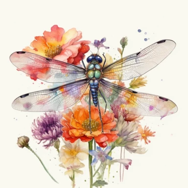 artwork in the style of cicely mary barker, clipart, whimsical watercolour illustration of a cute dragonfly and flowers, very colourful, watercolor clipart, book cover illustration, hyper HD, white background