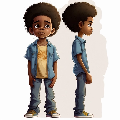 son of Draymon, 7 year old black man, illustration for children's book, multiple poses side view and rear view, 7 years old, curly black and gray faded flat top afro, large eyes, wearing blue jeans, yellow shirt, brown shoes, Watercolor Clipart, strybk, full Illustration, 4k, sharp focus, watercolor, smooth soft skin, symmetrical, soft lighting, detailed face, watercolor style, strybk, Octane rendering, 3d. Perfect face, detailed face, delicate face, perfect round lips, detailed eyes. Ghibli Ani