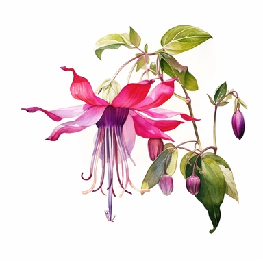 a watercolour painting of a fuchsia flower, in the style of uhd image, dansaekhwa, traditional, flourishing botanicals, exotic, white background, colorful, antique clipart, vibrant intense colors, photorealistic botanical satin drawing in the style of Pierre-Joseph Redoute, white background