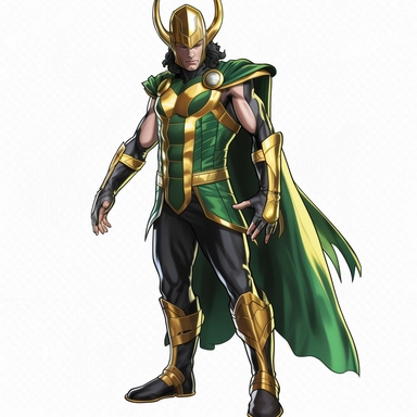 a single clipart image png graphic of a Comic V2 Vibrant Marvel Avenger Superhero Loki Whole Body Pose