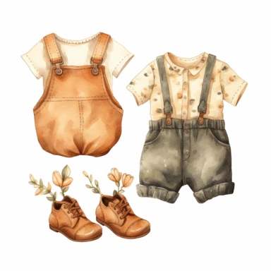 clipart, vintage, watercolor, clothing outfit for baby boy and girl, hand drawn
