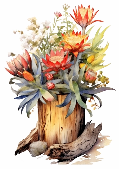 Bouquet of beautiful flowers in a driftwood planter - Australian Coastal: Kangaroo Paw (Australia), Waratah (Australia), Banksia (Australia) - artistic watercolor clipart