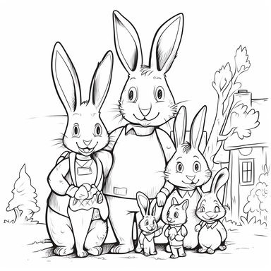 coloring book style, fine lines style, cartoon style, clipart style, only outline, black lines, white background, image of rabit family with 2 kids
