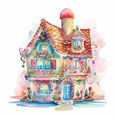 watercolor beautiful vintage Christmas gingerbread house candy house with icing fantasy clipart, whimsical, detailed watercolor style, on white background