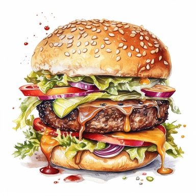 jamy tasty cheeseburger with double meat, tomato slice, lettuce and onion in brioche with sesame, white backgroung watercolor painting, mixed media, isolated, Extremely detailed, white backgroud, clipart