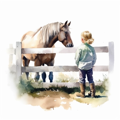 watercolor small child looks at a horse that stands behind a fence, warm sunlight, hyper realistic, isolated white background, 8k, ultra detailed clipart, warm green