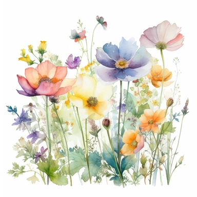 Watercolor Dreamy Wild Flowers Clipart, April Flowers, Bright Flowers, White Background, no caption, by Hiroko Koshino
