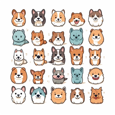 Illustration hand draw style of kawaii dogs, clipart collection, Vector line, white background spaced out