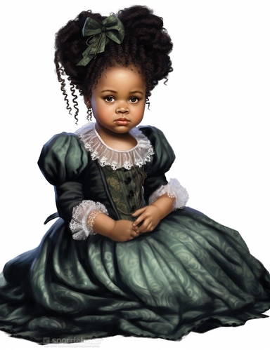 gorgeous african american baby girl with green eyes in vintage victorian dress, clipart, Composition: Relaxed position with intricate high hairstyle, Style: gothic, white background, hyperrealism, 32k