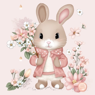 a shy baby Bunny with Flowers Clipart, Peter rabbit, wearing pink coat covered in flowers, Nursery summer Clipart, Easter Clipart, summer Bunny, Crafting Digital Paper, Mother’s Day, white background