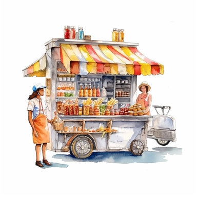 an enchanting watercolor, hyper-realistic clipart image with a white background and white margins, featuring a hot dog cart with a cheerful vendor serving up delicious hot dogs. The ultra-detailed, hand-drawn elements capture the intricate details of the cart and the vendor's attire. Use whimsical touches to add a sense of bustling street life, and bold shades of various colors to create a visually appealing and lively image.
