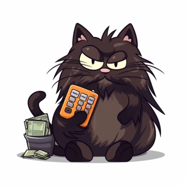 Long-haired black/brown cat holding a calculator and dollar bills, in the style of microsoft word clip-art