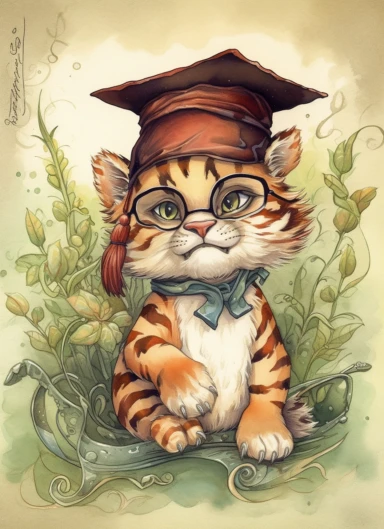 clipart,a cute little tiger in a field with a mortar board on its head wearing glasses on its neck,in the style of jody bergsma, 32k uhd, hand-painted details, charming character illustrations, dark brown and light beige,red/green, aquarellist, hd , white background clipart
