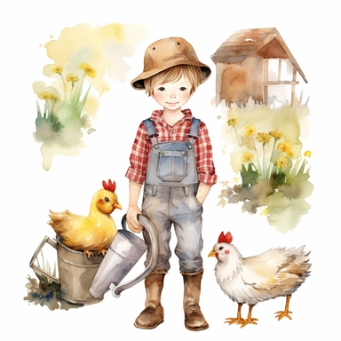 watercolor farm cute boy clipart white background
