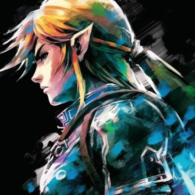 Legend of Zelda Link, close-up side profile view, colorful clipart watercolor, black background